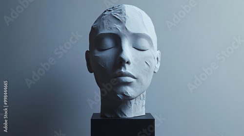 A white head sculpture sits on a black pedestal photo