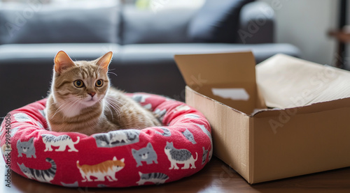 Fluffy kitten relaxing in a red bed next to a box in a sunlit corner photo