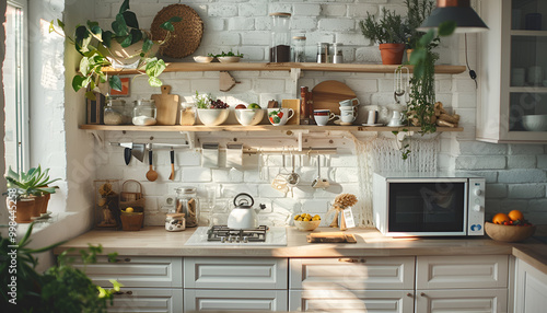 Various lovely accessories standing on shelf and cupboard in cozy kitchen