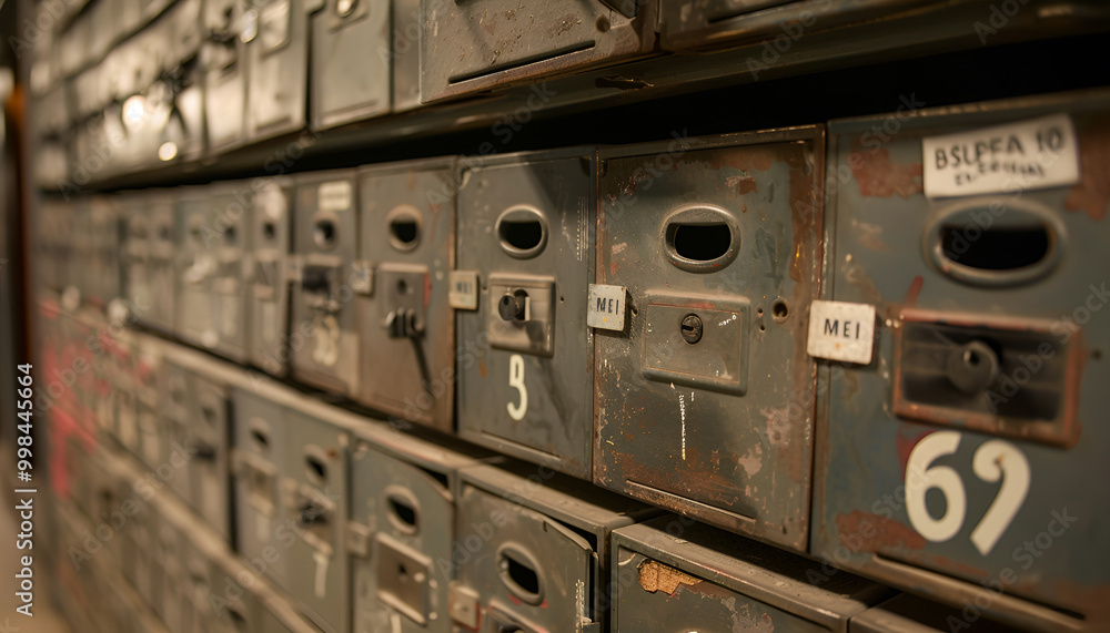 Metal mailboxes with keyholes, numbers and correspondence in post office Metal mailboxes with keyholes, numbers and correspondence in post office
