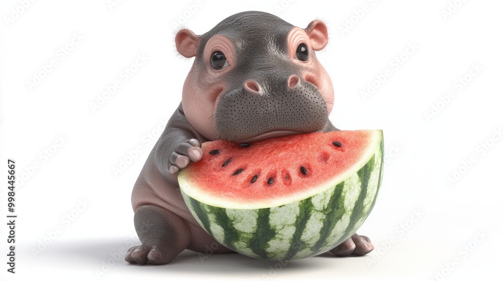 A cute baby hippo sitting and eating watermelon, isolated on a white background A cute baby hippo sitting and eating watermelon, isolated on a white background