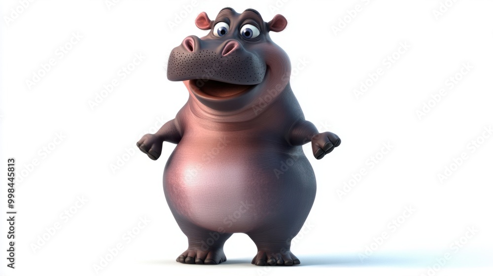 A cute cartoon-style hippopotamus standing on two legs, isolated on a white background A cute cartoon-style hippopotamus standing on two legs, isolated on a white background