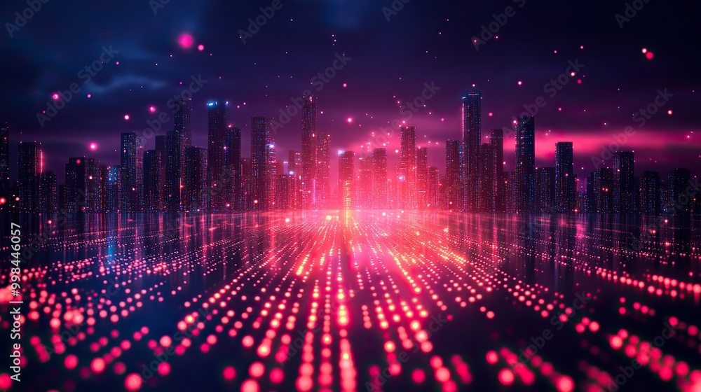 Obraz premium An abstract digital virtual city scan concept, highlighting potential hacker attacks with programming and binary code elements.