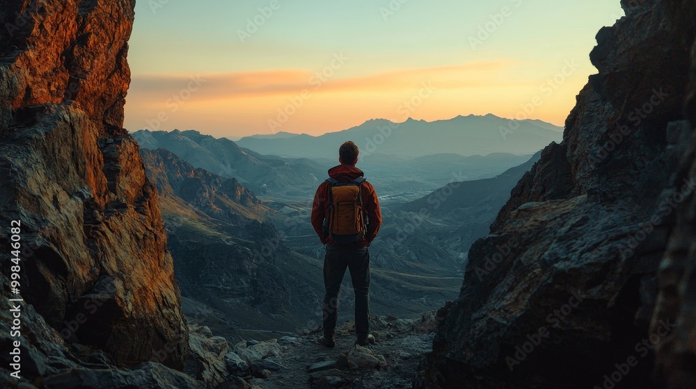 Fototapeta premium Man stands between cliffs at dusk, gazing over a valley with distant mountains under a gradient twilight sky.