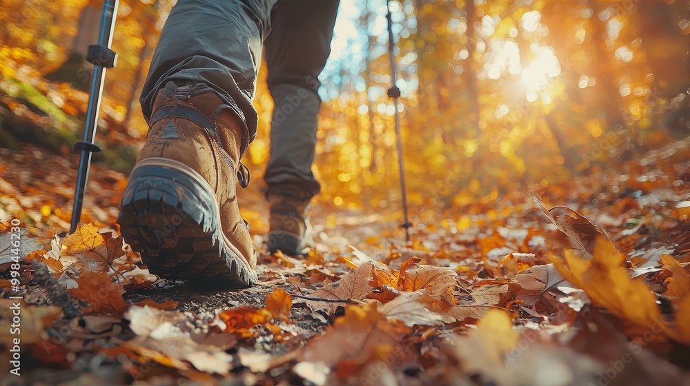 Close-up of hiking boots on a leaf-covered trail, with sunlight streaming through colorful autumn trees. Close-up of hiking boots on a leaf-covered trail, with sunlight streaming through colorful autumn trees.