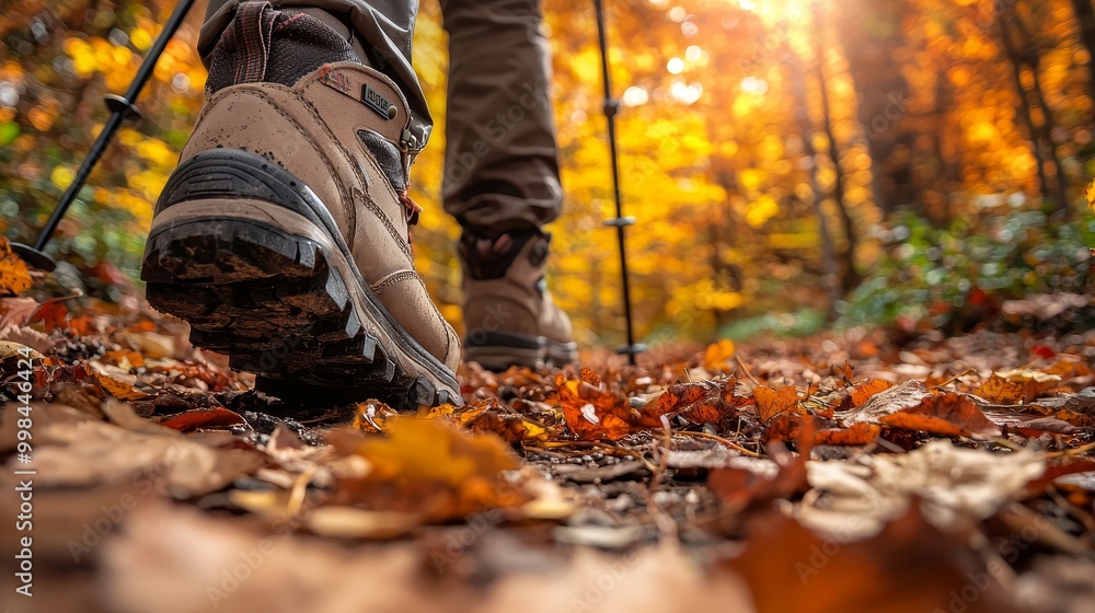 Close-up of hiking boots on a leaf-covered trail, with sunlight streaming through colorful autumn trees. Close-up of hiking boots on a leaf-covered trail, with sunlight streaming through colorful autumn trees.