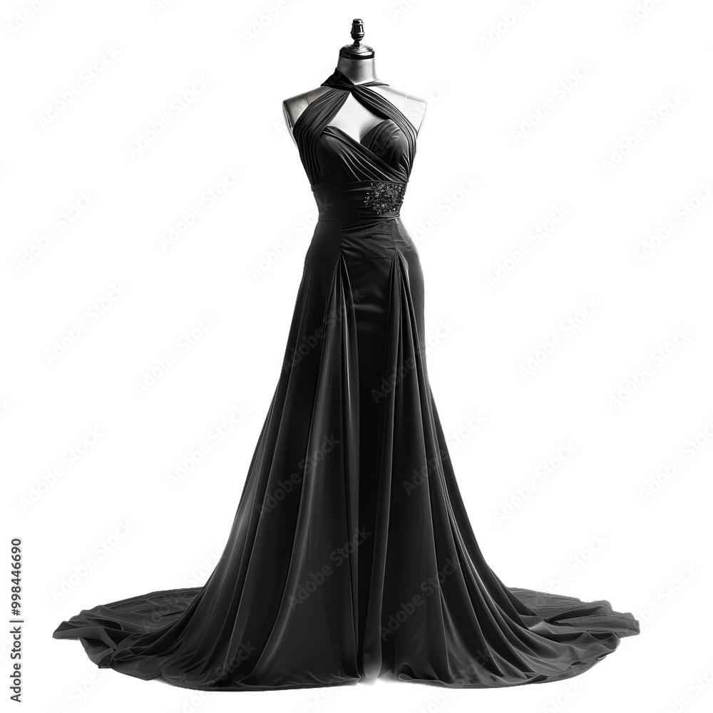 Long black evening dress made of flowing fabric is being displayed on a silver mannequin Long black evening dress made of flowing fabric is being displayed on a silver mannequin