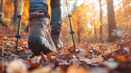 Close-up of hiking boots on a leaf-covered trail, with sunlight streaming through colorful autumn trees.