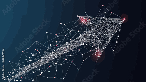 Futuristic Polygonal Arrow with Wireframe Network and Connecting Dots: Low Poly Business Growth Concept