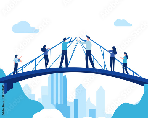Collaborative Business Team Building Bridge for Success, Minimalist Vector of Partnership, Cooperation, and Teamwork Concept in Flat Design, Business People Working Together to Connect Paths