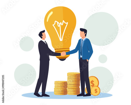 Entrepreneur Pitching Idea to Venture Capitalist, Business Merger Agreement Concept, Man Standing on Lightbulb Shaking Hands with Investor on Money Stack, Flat Minimalist Vector