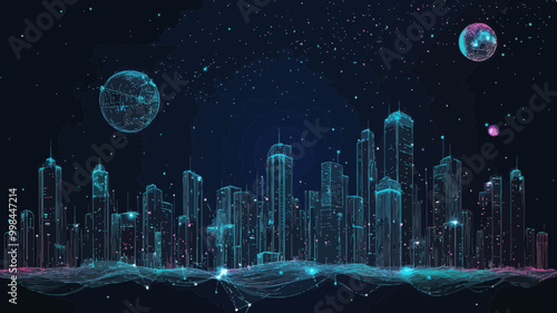 Abstract Megalopolis in Starry Sky with Planet Shapes and Stars, Big City Vector Wireframe, Futuristic Urban Space Concept, Minimalist SVG