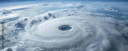 Aerial view of Hurricane Helene's eye, perfect circular formation with surrounding storm clouds photo