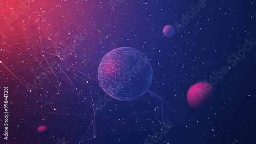Abstract Starry Sky Pin with Wireframe Planets and Stars in Minimalist Vector Style Illustrating Space and Universe Concept