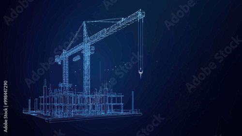 Abstract Vector Illustration of High Tower Crane in Construction Site Holding Slab, Dark Blue Background, Modern Building Concept, Low Poly Wireframe, Minimalist Flat SVG Vector, Building Work Process