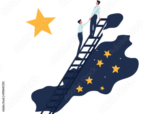 Business Success Ladder to Reach Career Development Goals, Minimalist SVG Vector of Businessmen Climbing Ladder to Achieve Targets and New Opportunities