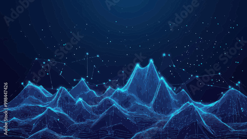 Big Data Analytics Digital Mountains Landscape, Futuristic Low Poly Wireframe, Technology Blue Background, Data Mining Management, Abstract Glowing Light Dots, Minimalist SVG Vector Illustration