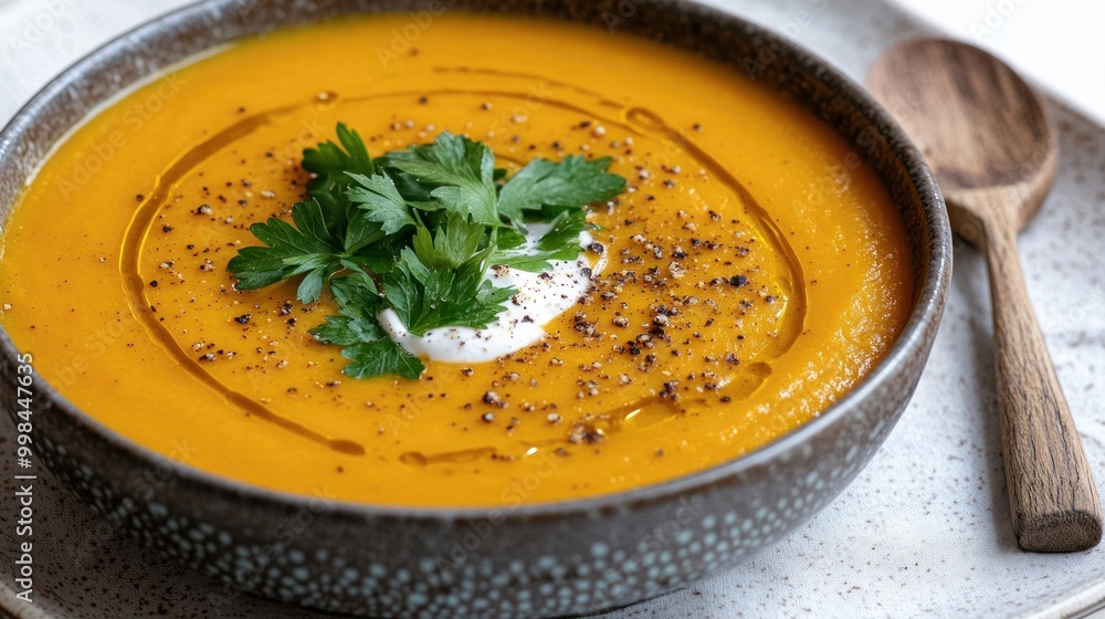 Delight in a creamy bowl of carrot soup topped with herbs and spices for flavor Delight in a creamy bowl of carrot soup topped with herbs and spices for flavor