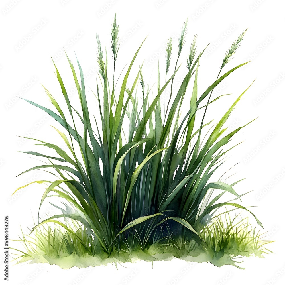 A bush of green grass with long, thin blades in watercolor technique on a white background, fresh and vibrant, ideal for nature-themed designs. A bush of green grass with long, thin blades in watercolor technique on a white background, fresh and vibrant, ideal for nature-themed designs.