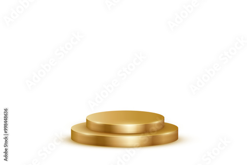 Gold podium for awards or product display vector illustration. Empty 3d golden stage on white background. Luxury elegant platform for cosmetics presentation, ceremony pedestal for winners.