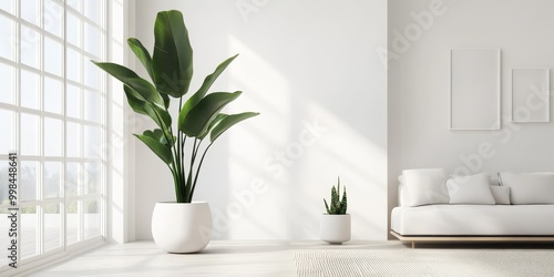 Modern interior featuring plants in minimalist design with natural light.