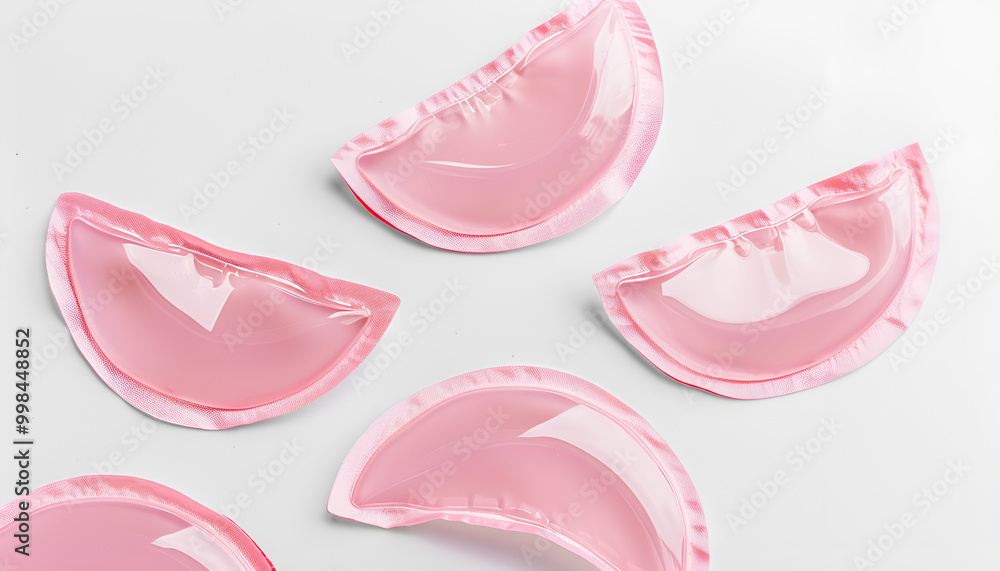 Pink under eye patches on white background, top view. Cosmetic product Pink under eye patches on white background, top view. Cosmetic product
