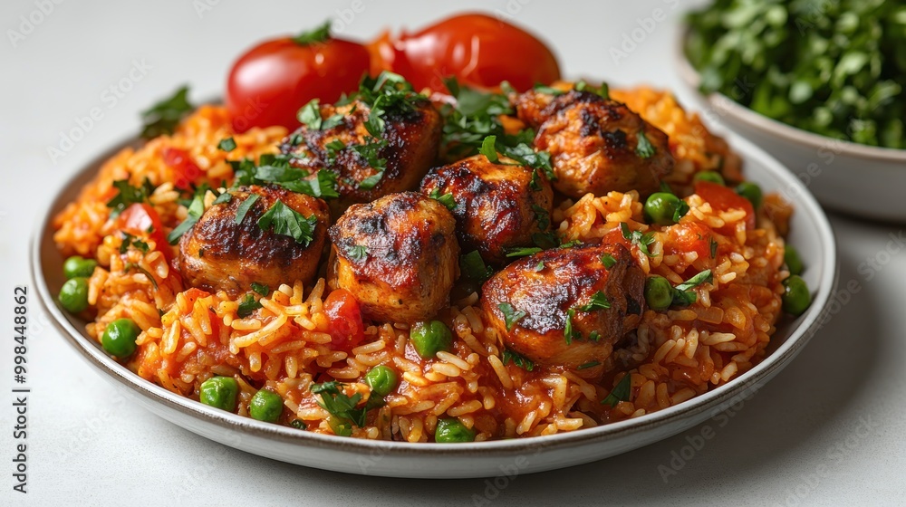 Delicious rice adorned with savory meatballs, vibrant vegetables, and aromatic herbs Delicious rice adorned with savory meatballs, vibrant vegetables, and aromatic herbs