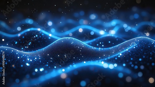 An abstract futuristic background with connecting dots and lines on a dark blue canvas, depicting digital technology and data visualization.