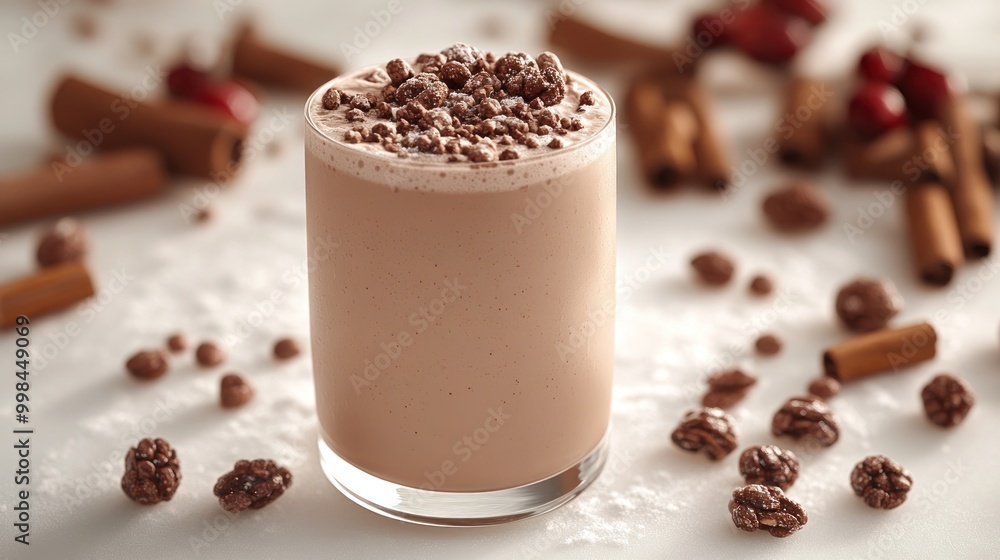 A rich chocolate milkshake adorned with textured toppings and fresh spices A rich chocolate milkshake adorned with textured toppings and fresh spices