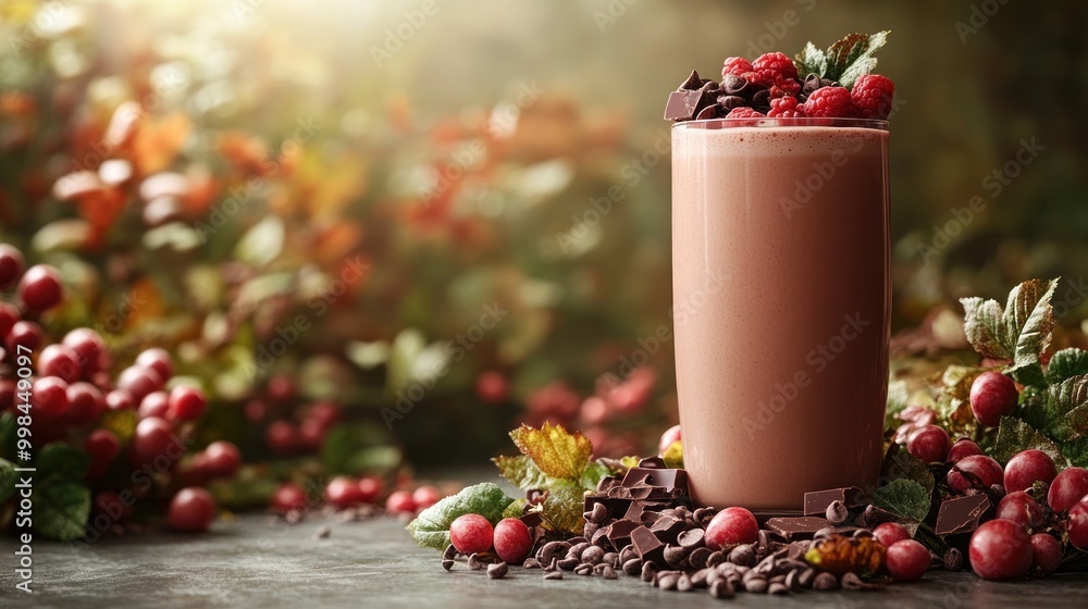 Indulge in a delightful chocolate smoothie topped with raspberries and cocoa pieces Indulge in a delightful chocolate smoothie topped with raspberries and cocoa pieces