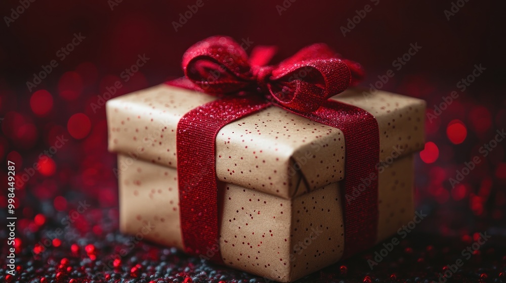 A charming gift box with a red ribbon glimmers on a glittery surface, evoking joy A charming gift box with a red ribbon glimmers on a glittery surface, evoking joy