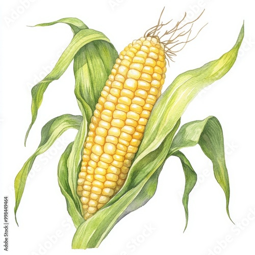 Watercolor Illustration of an Ear of Corn with Husk photo