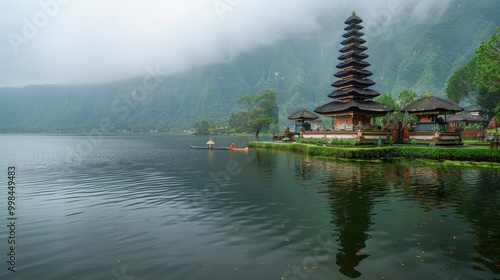 A traditional Balinese temple sits on the edge of a misty lake, surrounded by lush greenery. The temple's reflection is visible in the calm water.