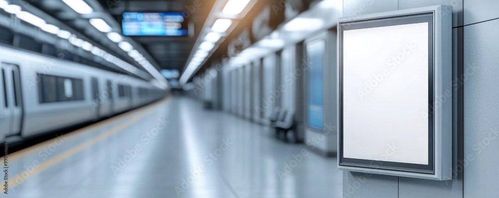 Mock up poster on modern train subway station with train on background Mock up poster on modern train subway station with train on background