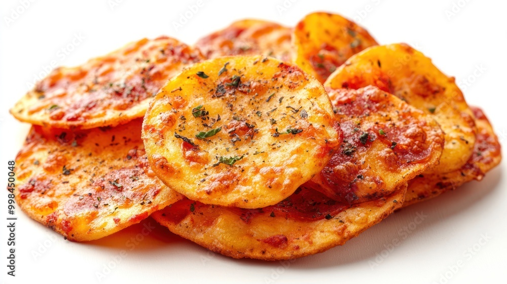Crisp, seasoned cheese snacks displayed on a clean, white surface Crisp, seasoned cheese snacks displayed on a clean, white surface