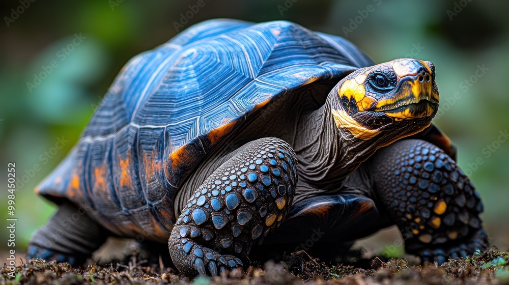 Obraz premium A vibrant tortoise crawls gracefully over rich, dark soil in a green environment
