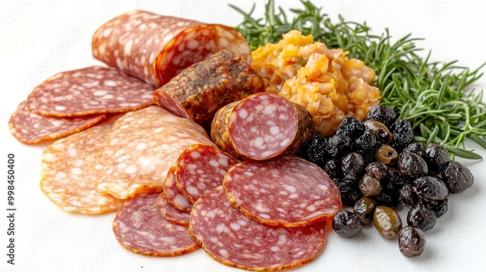 A delicious array of sliced cured meats accompanied by olives and rosemary A delicious array of sliced cured meats accompanied by olives and rosemary