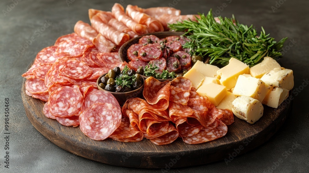 A delightful array of sliced meats, cheeses, and fresh herbs invites indulgence A delightful array of sliced meats, cheeses, and fresh herbs invites indulgence