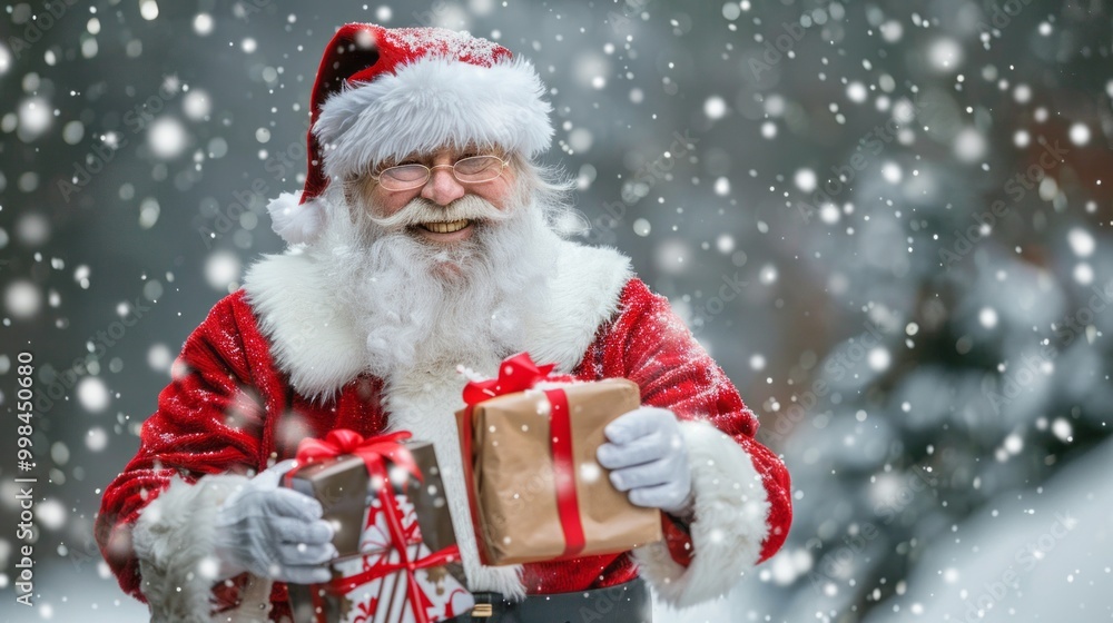 A jolly old man in a red suit holding two presents A jolly old man in a red suit holding two presents