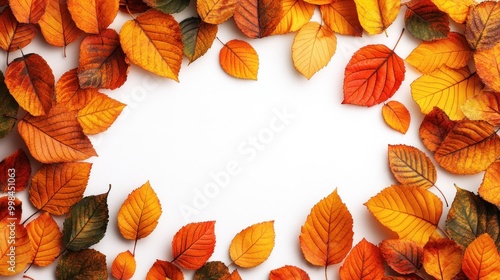 A display of brilliantly colored autumn leaves in warm hues framing a blank space