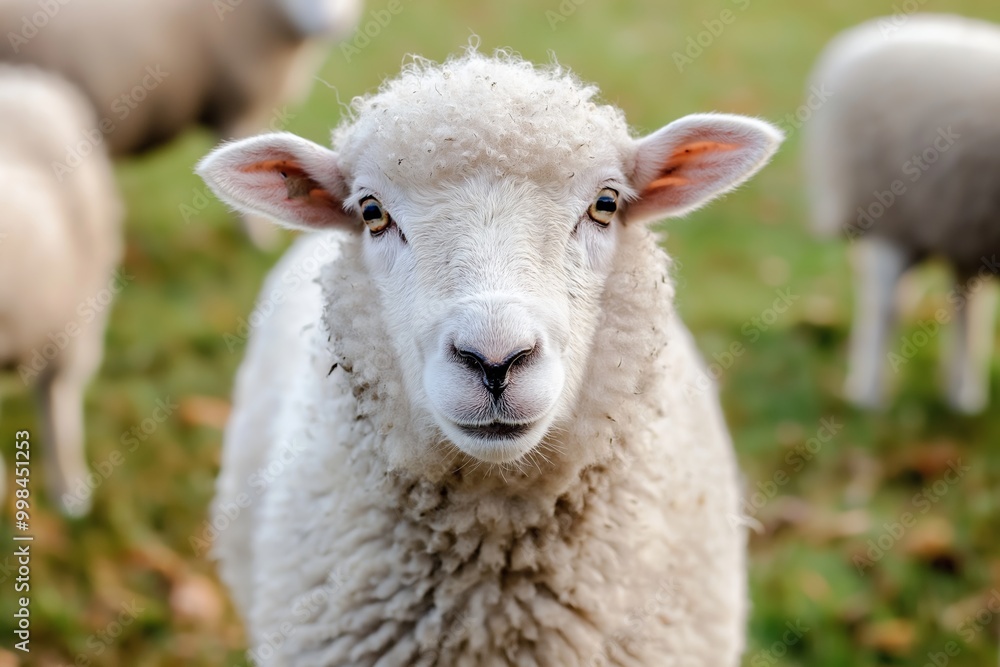 A close-up view of a fluffy white sheep looking directly at the camera, standing against a green blurry countryside background. A close-up view of a fluffy white sheep looking directly at the camera, standing against a green blurry countryside background.