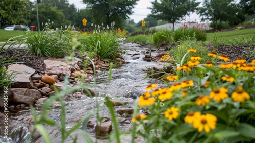 Tranquil Garden Stream with Colorful Flowers and Lush Greenery