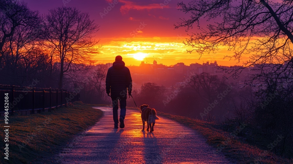 Serene Sunset Walk with Dog in Nature Serene Sunset Walk with Dog in Nature