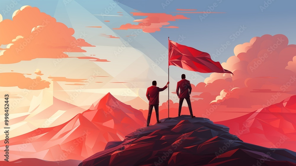 Two businessmen with flag on polygon mountain at sunrise 2D illustration. Professional journey flat cartoon image colorful scene. Achievement, leadership, ambition wallpaper art Two businessmen with flag on polygon mountain at sunrise 2D illustration. Professional journey flat cartoon image colorful scene. Achievement, leadership, ambition wallpaper art