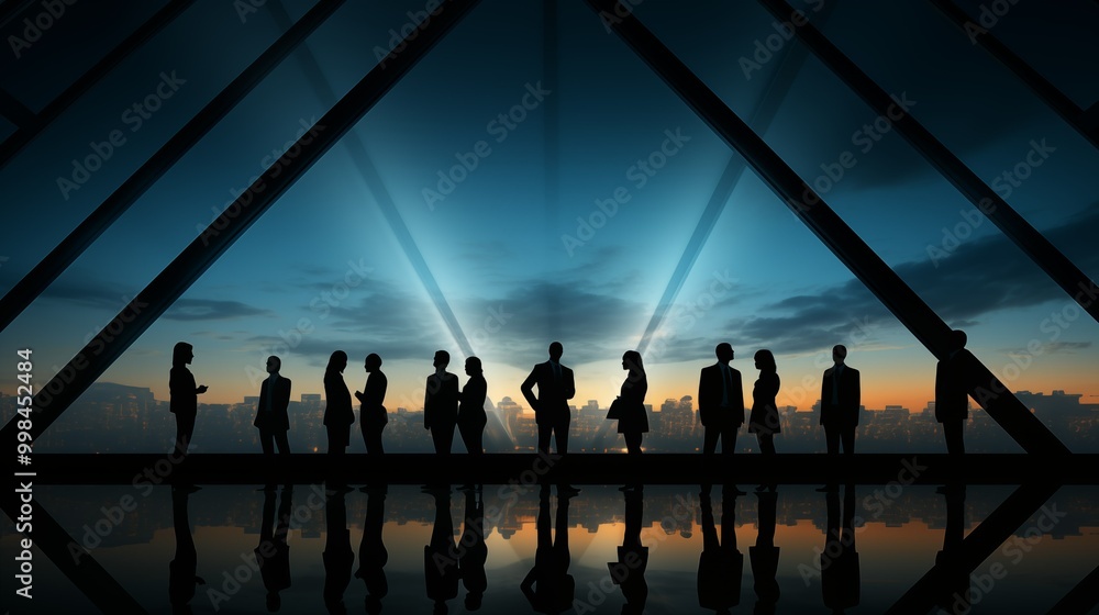 Silhouetted business team at dawn-lit cityscape image. Businesspeople gazing toward new horizon photography scene wallpaper. Collaboration, ambition concept photorealistic photo Silhouetted business team at dawn-lit cityscape image. Businesspeople gazing toward new horizon photography scene wallpaper. Collaboration, ambition concept photorealistic photo