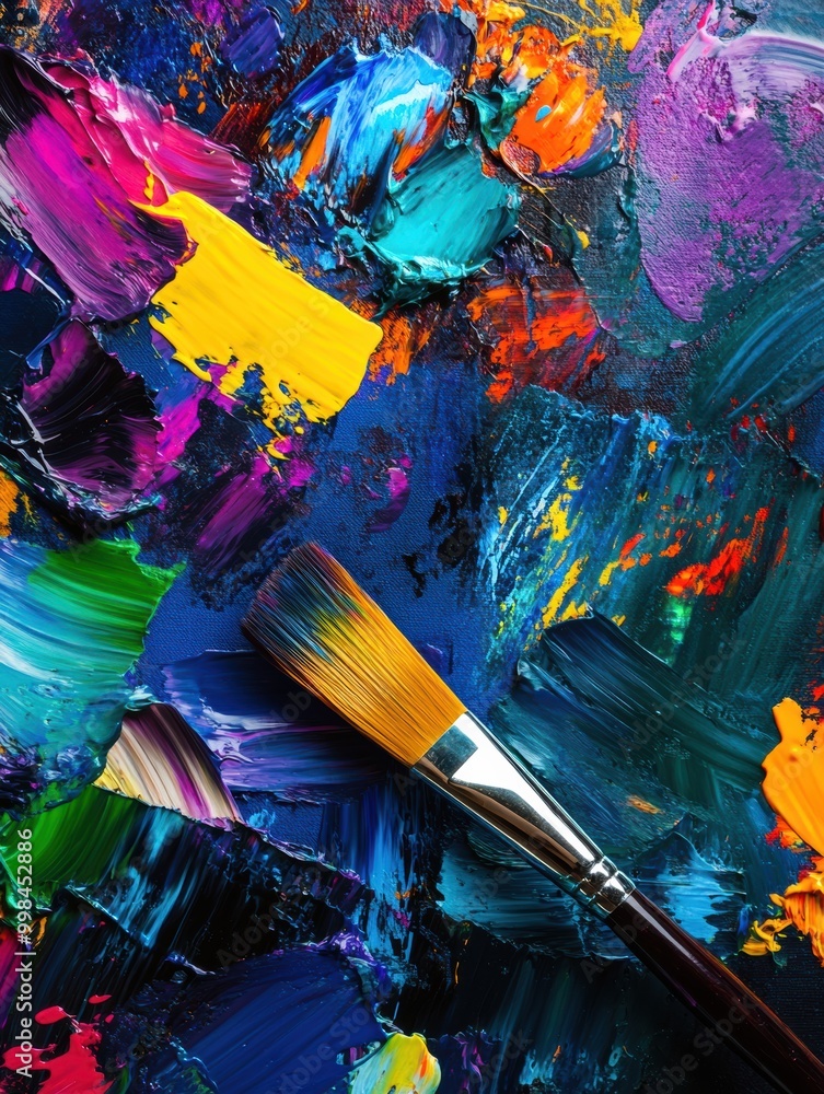 Fototapeta premium Bright splashes of color fill a painter's palette as brushes dance across the canvas, exploring abstract artistic expression in a studio. Generative AI