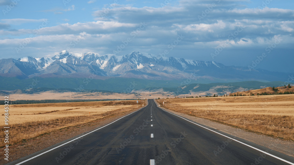Fototapeta premium Driving on highway of black asphalt and white road markings at sunny day, road going into distance through desert prairie at autumn to snowy mountain summits on horizon in wild. Pov from moving car