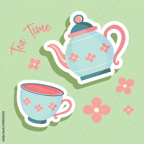 Tea cup and tea pot set vector illustration design in sticker style and children's book elements 