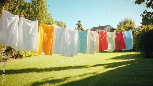 Wallpaper Mural Colorful clothes and crisp white sheets dance on a clothesline in a sunny garden, surrounded by lush greenery and a clear sky. Generative AI Torontodigital.ca