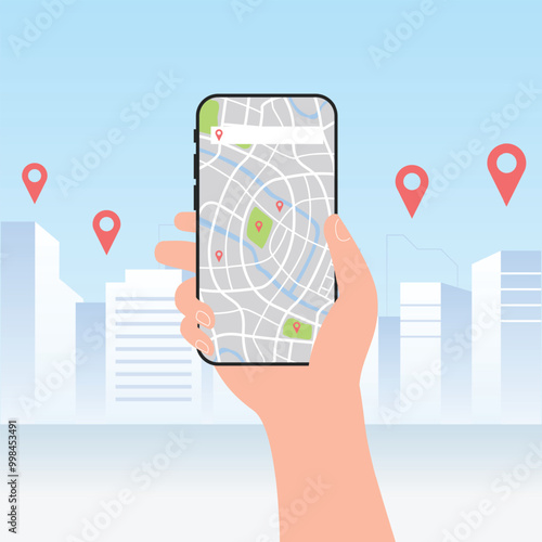 Mobile map tracking location track app on smartphone, with city background.